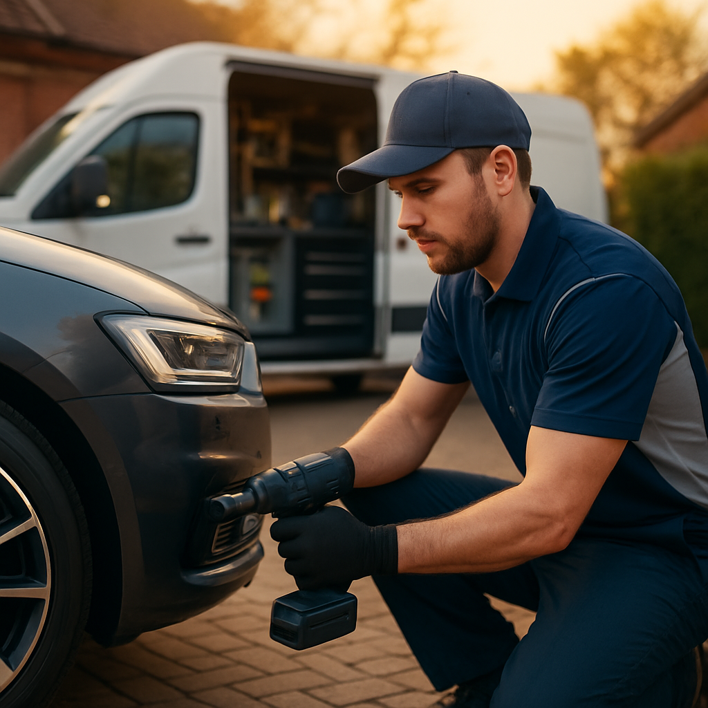 TYRIX technician fitting a new tyre on a car on a customer's driveway